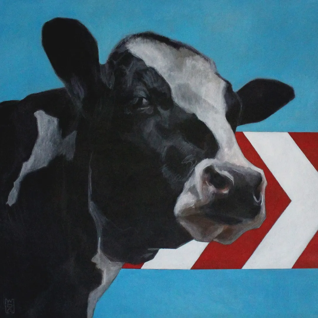 Een acryl schilderij door Ward De Graeve van een koe voor een vangrail
