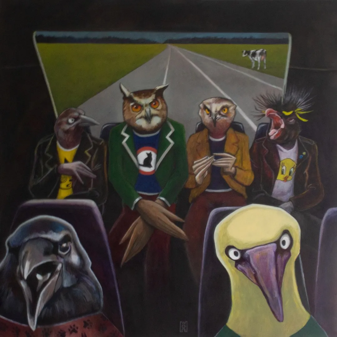 Een acryl schilderij door Ward De Graeve van een groep vogels achterin de auto