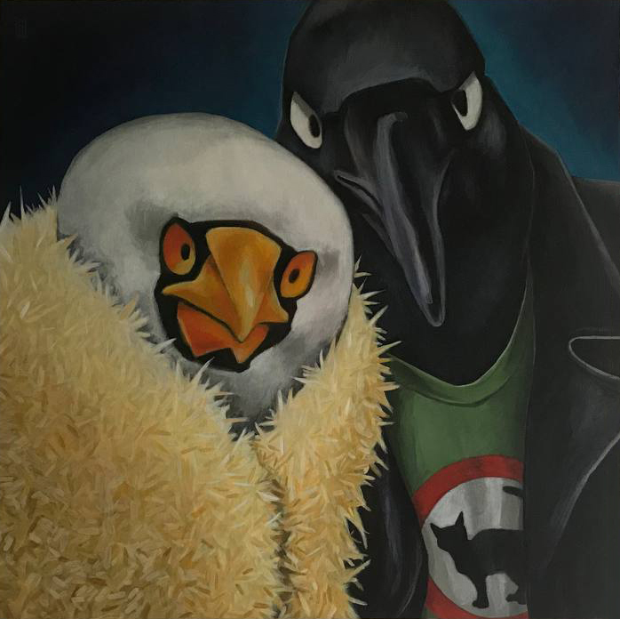 Een acryl schilderij door Ward De Graeve van selfie door twee vogels is genomen
