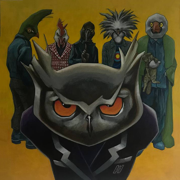 Een acryl schilderij door Ward De Graeve van een uil die boos kijkt