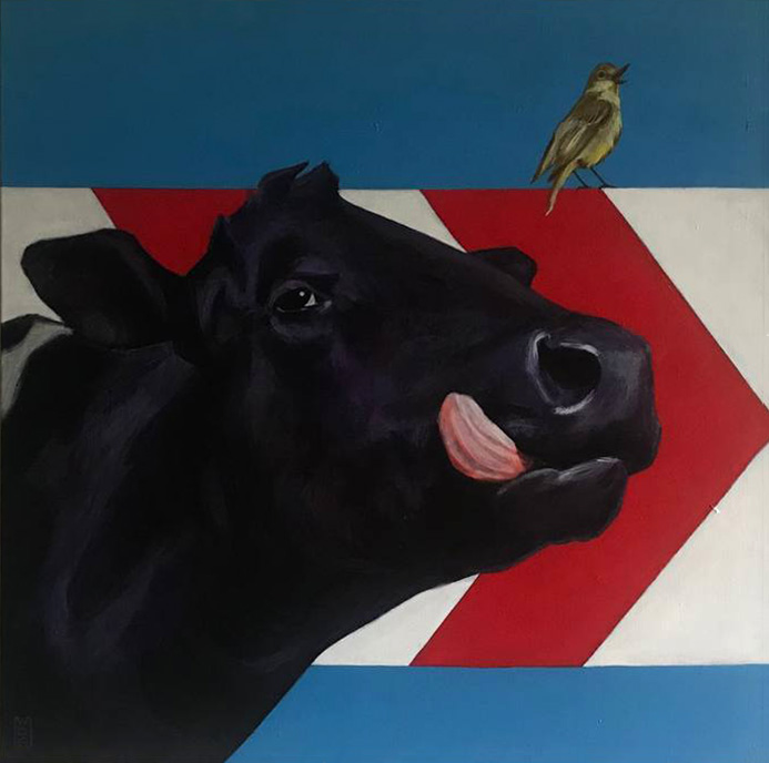 Een acryl schilderij door Ward De Graeve van een koe met een vogel voor een vangrail